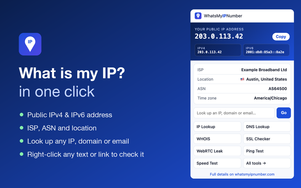The WhatsMyIPNumber extension popup showing an IP address, ISP, location and quick tool links